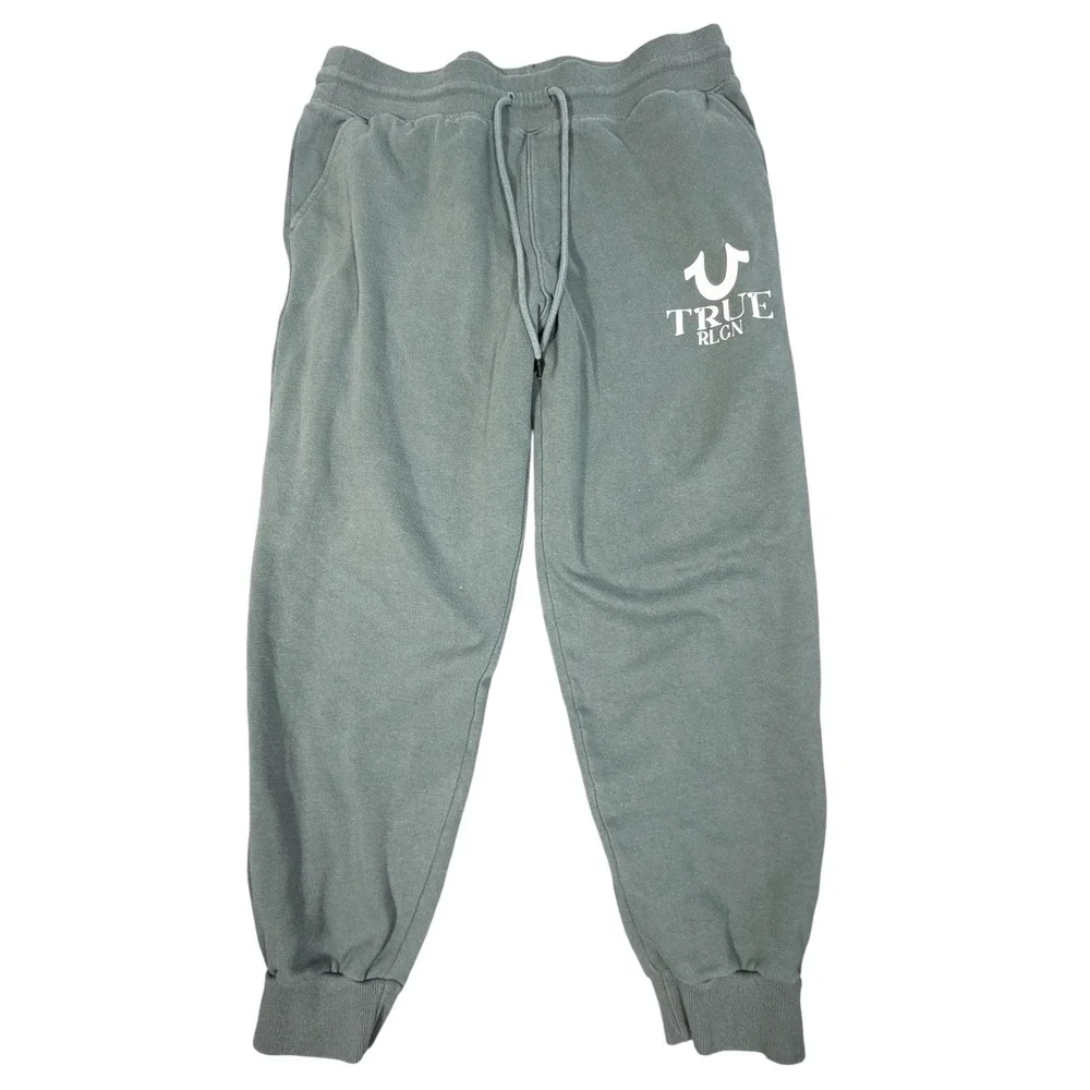 True Religion Joggers Mens Large Green Horseshoe Logo Fleece Sweatpantsr